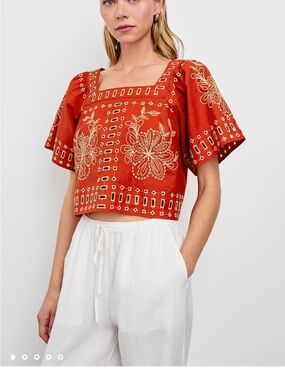 Rails Laine Top Embroidered Square-Neck Crop Top in Terracotta